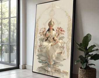 Divine Goddess Lakshmi Canvas, Hindu Spiritual Wall Art, Lotus Meditation Decor, Indian Mythology Canvas, Sacred Home Decoration