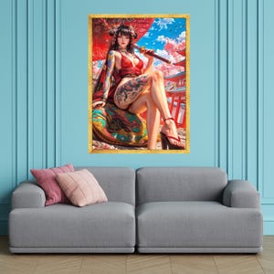 Lienzo de guerrera geisha japonesa, arte de flor de cerezo Sakura, mujer tatuada con katana, decoración de pared con kimono rojo, arte asiático en lienzo imagen 2