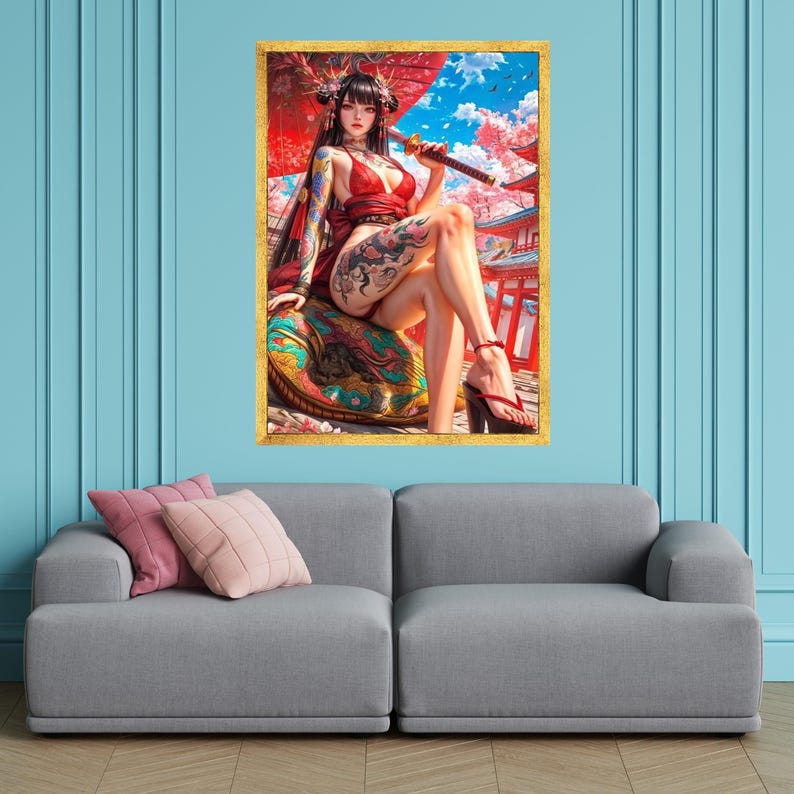 Lienzo de guerrera geisha japonesa, arte de flor de cerezo Sakura, mujer tatuada con katana, decoración de pared con kimono rojo, arte asiático en lienzo imagen 2