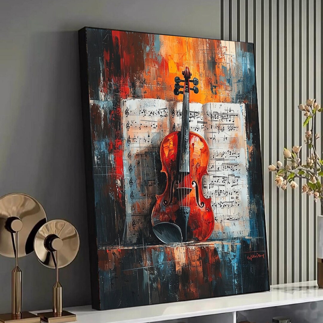 Toile Vibrante Pour Violons Et Partitions Art Mural Abstrait 