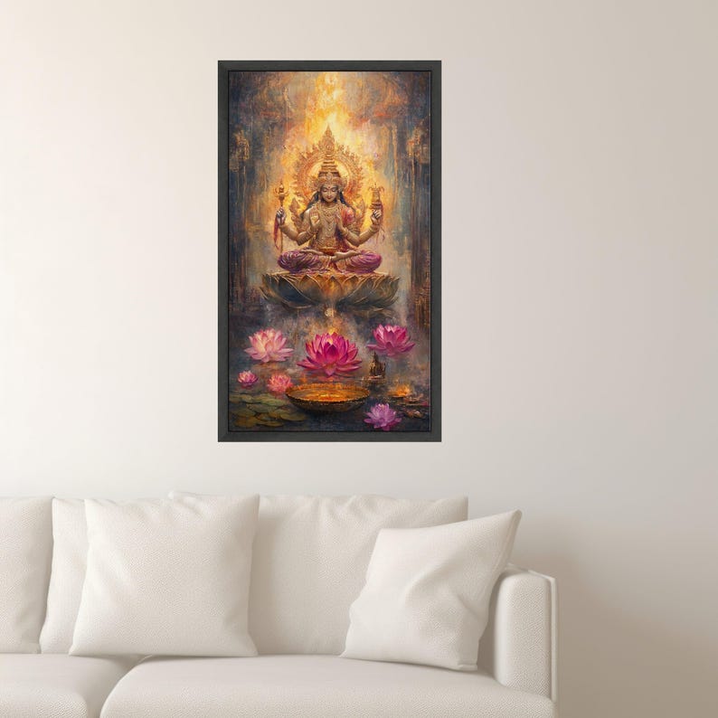 Radiant Hindu Goddess Canvas Wall Art, Lakshmi Sitting on Lotus, Spiritual Divine Painting, Meditation Decor, Bohemian Sacred Art Print image 2
