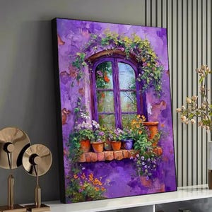 May include: A framed painting depicts a window scene with a purple facade. The window is framed by a wooden arch and filled with colorful flowers in terracotta pots. Green vines and flowers cascade around the window, creating a vibrant, artistic display.