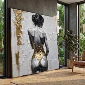 Elegant kvinnlig silhuett på canvas, abstrakt konst med guldaccenter, väggkonst, modern figurativ canvas, sovrumsinredning, samtida konstverk