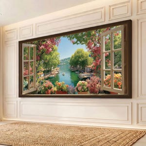 Open raam canvas muurkunst, uitzicht op het meer met bloempotten, scène bootdok, bloemenhuisdecor, schilderachtig natuurlandschap canvas