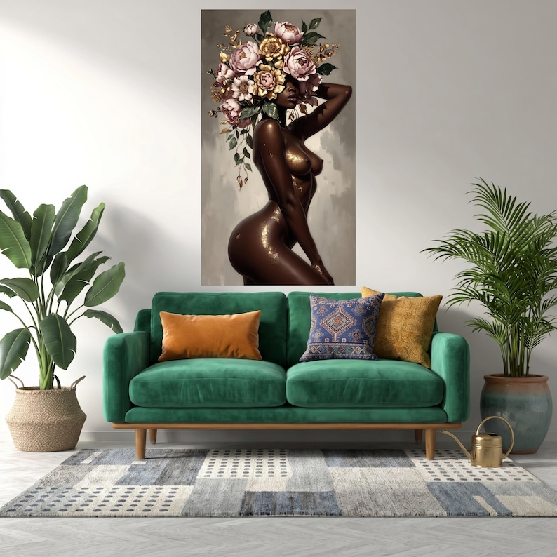 Elegant Afro Woman With Floral Crown Canvas Modern Black Art Nude elegant-afro-woman-with-floral-crown-canvas-modern-black-art-nude