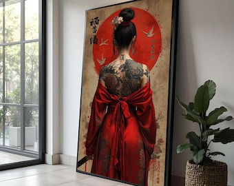 Lienzo con geisha tatuada de espaldas, arte mural con kimono rojo, decoración de cultura japonesa, lámina artística de mujer asiática, pintura oriental sobre lienzo, decoración moderna para el hogar
