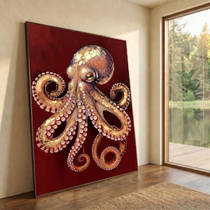 Golden Octopus Canvas Wall Art, Deep Sea Marine Life Decor, Ocean Animal Painting, Modern Coastal Wall Art, Nautical Home Decoration