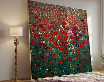 Gustav Klimt bloemen canvas, levendige rode klaprozen canvas, bloementuin Art Print, kleurrijke wilde bloemen kunst aan de muur, natuur canvas decor