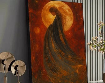 Mystical Woman with Full Moon Canvas, Ethereal Night Scene Artwork, Spiritual Wall Art, Orange and Dark Blue Home Decor, Fantasy Canvas