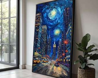 Paisaje urbano estrellado, lienzo del horizonte de Nueva York, arte mural con luces nocturnas urbanas, vista de calle moderna, lienzo vibrante nocturno