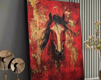 Majestic Red Horse Canvas, Abstract Equestrian Wall Art, Gold Accent Animal Painting, Modern Rustic Home Decor, Ready to Hang