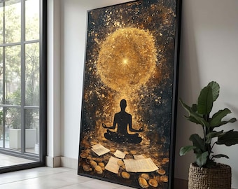 Meditative Silhouette with Golden Aura Canvas, Spiritual Wall Art, Enlightenment Decor, Mindfulness Artwork, Abstract Meditation Painting