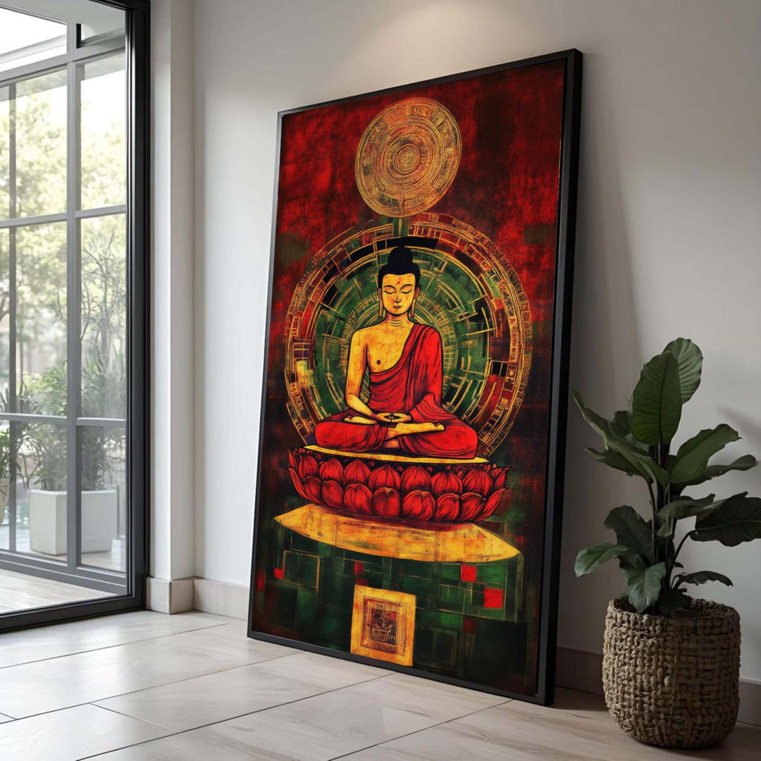 Meditating Buddha Canvas Wall Art, Spiritual Zen Decor, Red and Gold ...