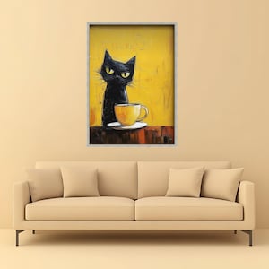 Gatto nero con tazza da caffè gialla su tela, stravagante opera d'arte murale, dipinto moderno di gatti, tela astratta di animali, accogliente arredamento per la casa, pronta da appendere immagine 6