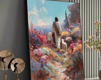 Impresión en lienzo de arte cristiano para pared de Jesús, el Buen Pastor, caminando con un cordero en un campo de flores, paisaje bíblico de fe, decoración religiosa para el hogar
