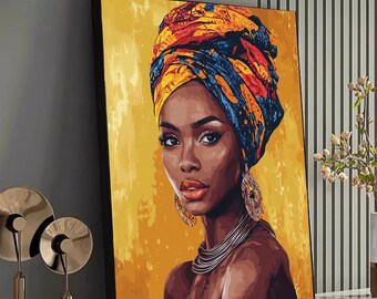 Elegant African Woman Portrait, Vibrant Headwrap Canvas, Ethnic Wall Art, Modern Cultural Decor, Colorful Canvas Painting, Ready to Hang