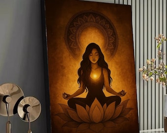 Meditationskvinna Canvastavla Väggkonst, Spirituell Yogadekor, Lotusblommakonst, Chakra Energi Illustration, Zen Heminredning