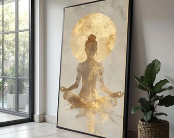 Meditative Woman Silhouette with Golden Moon, Yoga Canvas Wall Art, Spiritual Home Décor, Calm Serenity Painting, Mindfulness Meditation Art