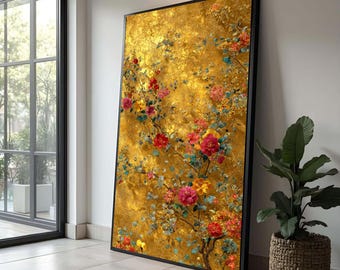 Gustav Klimt Gold Floral Canvas, Elegant Botanical Wall Art, Vintage Style Home Decoration, Luxury Flower Painting Canvas