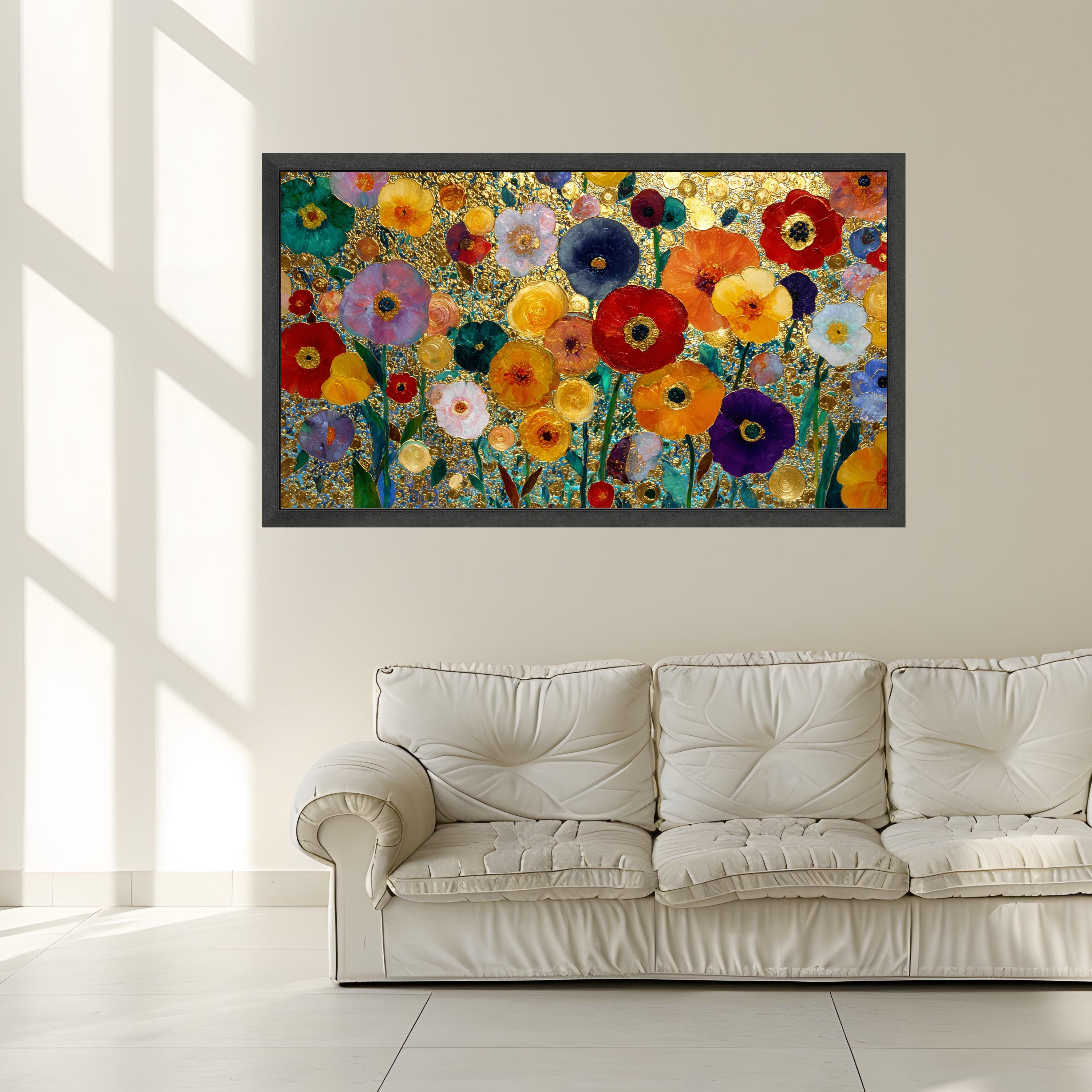 Gustav Klimt Floral Canvas Wall Art, Colorful Flowers With Gold Leaf ...