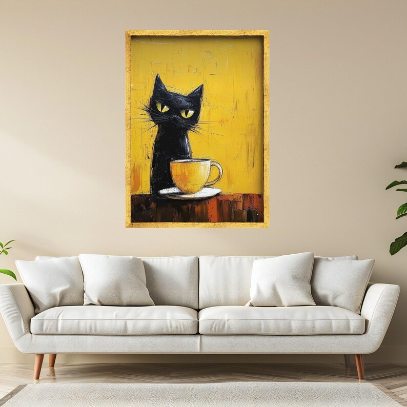Gatto nero con tazza da caffè gialla su tela, stravagante opera d'arte murale, dipinto moderno di gatti, tela astratta di animali, accogliente arredamento per la casa, pronta da appendere immagine 4