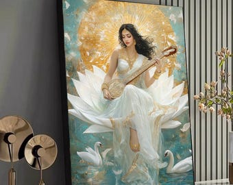 Divine Goddess Saraswati Canvas, Indian Mythology Art, Spiritual Wall Art, Musical Instrument Painting, White Lotus Background Decor