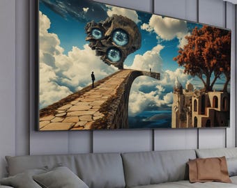 Lienzo de camino flotante surrealista, arte de pared de paisaje onírico, paisaje de cielo místico, lienzo de arquitectura de fantasía, decoración abstracta para el hogar, listo para