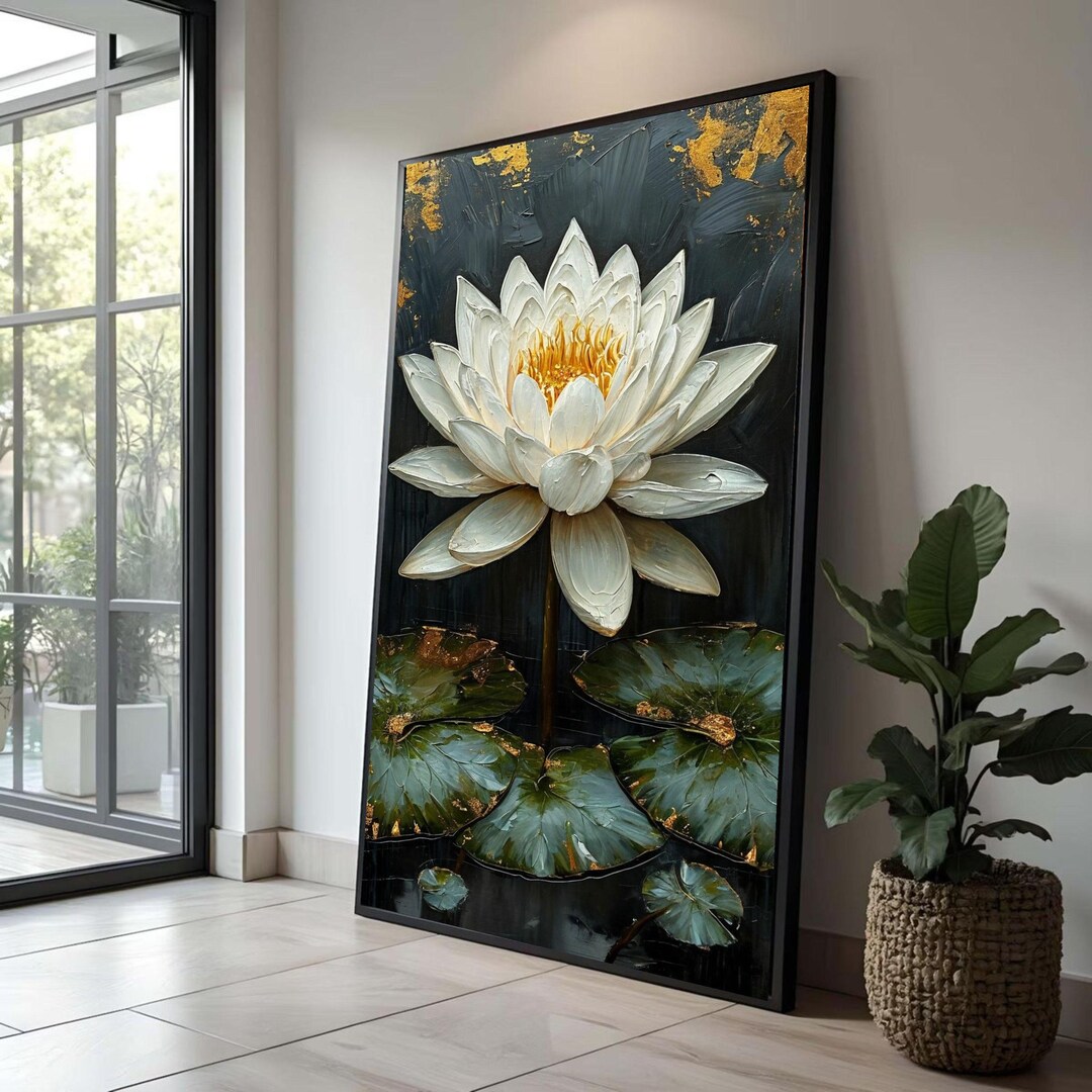 Elegant White Lotus Flower Canvas, Floral Wall Art, Water Lily Painting ...