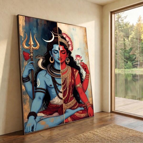 Divine Shiva and Parvati Canvas, Hindu Mythology Art, Spiritual Wall Decor, Sacred Couple Painting, Meditation Room Canvas, Home Temple