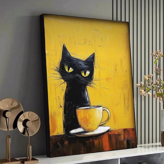 Black Cat with Yellow Coffee Cup Canvas, Whimsical Wall Art, Modern Cat Painting, Abstract Animal Canvas, Cozy Home Decor, Ready to Hang