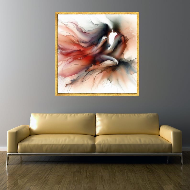 Abstract Couple Embrace Canvas, Romantic Wall Art, Sensual Love Painting, Modern Home Decor, Fluid Ink Art Print, Intimate Canvas Design image 3