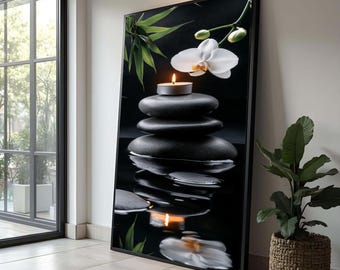 Zen Spa-stenar med orkidé och ljus Canvastavla, Avslappningsväggkonst, Lugn heminredning, Meditation Canvastavla, Spa-atmosfärdekoration