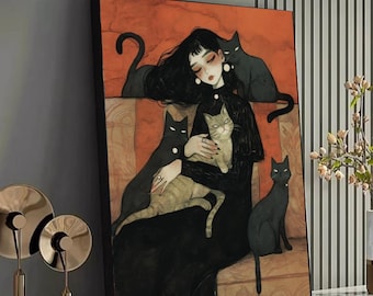 Lienzo de mujer gótica con gatos, impresión artística de un oscuro y melancólico vestido negro, decoración de pared para amantes de los gatos, decoración mística para el hogar.