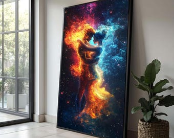 Fire and Ice Lovers Embrace Canvas, Cosmic Wall Art, Elemental Romance Painting, Flame and Water Couple Art, Home Decor Canvas Print