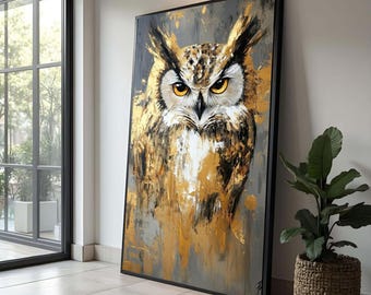 Ritratto di gufo maestoso su tela, arte murale astratta con gufo, dipinto di animali con accenti dorati, tela moderna raffigurante animali selvatici, opera d'arte per la decorazione della casa