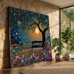 May include: Large framed art print featuring a colorful impressionist landscape. The artwork depicts a tree with a bench beneath it, surrounded by flowers. The color palette includes blues, greens, yellows, and pinks. The print is displayed in a room with natural light.