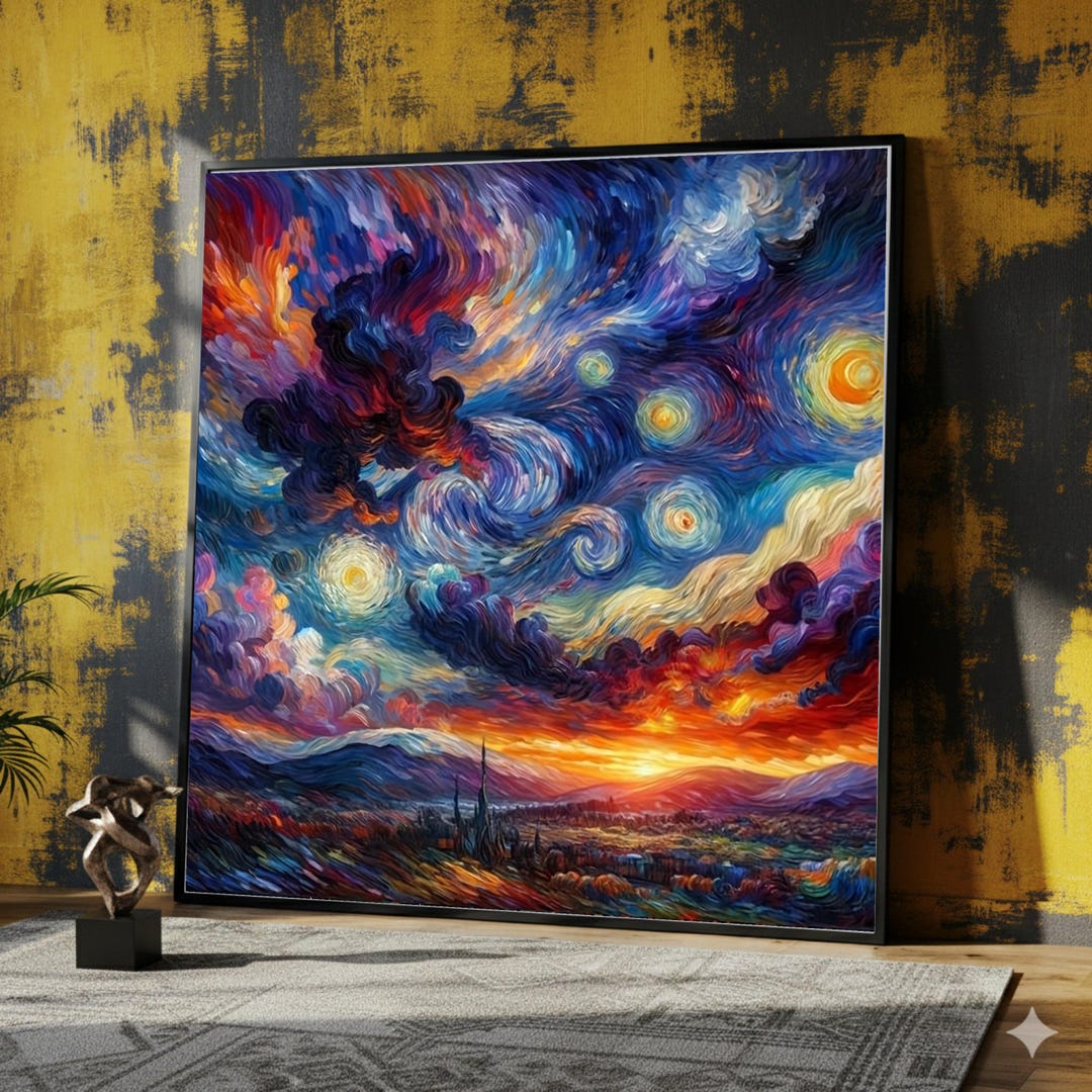 Vibrant Starry Night Sky Canvas, Colorful Abstract Landscape Wall Art ...