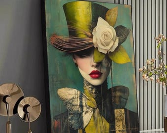 Lienzo con retrato de mujer elegante, sombrero vintage con rosa, arte mural de moda surrealista, lienzo abstracto moderno, decoración chic para el hogar