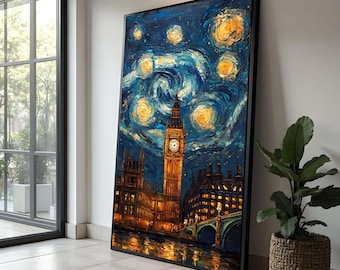 London Big Ben Starry Night Wall Art Canvas Print, Van Gogh Style Cityscape Painting Westminster Bridge Night Home Decor