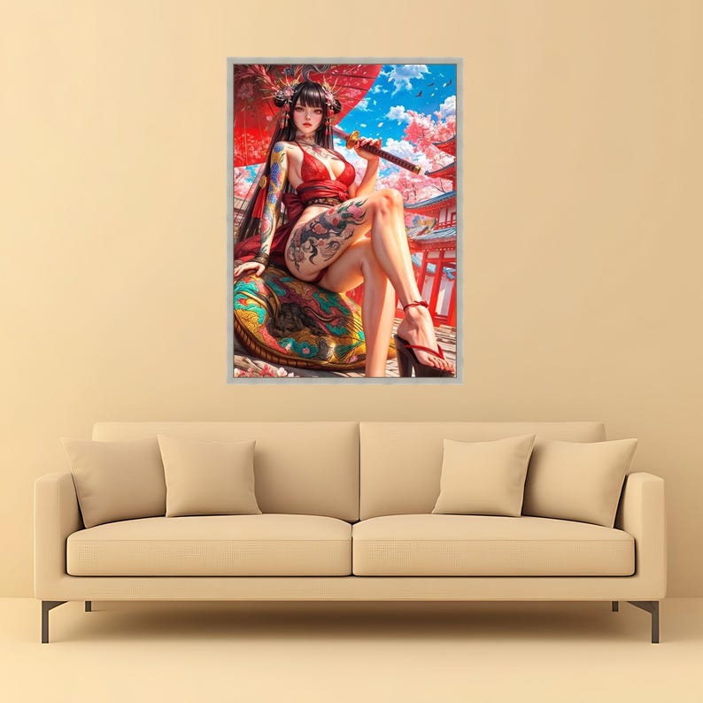 Lienzo de guerrera geisha japonesa, arte de flor de cerezo Sakura, mujer tatuada con katana, decoración de pared con kimono rojo, arte asiático en lienzo imagen 5