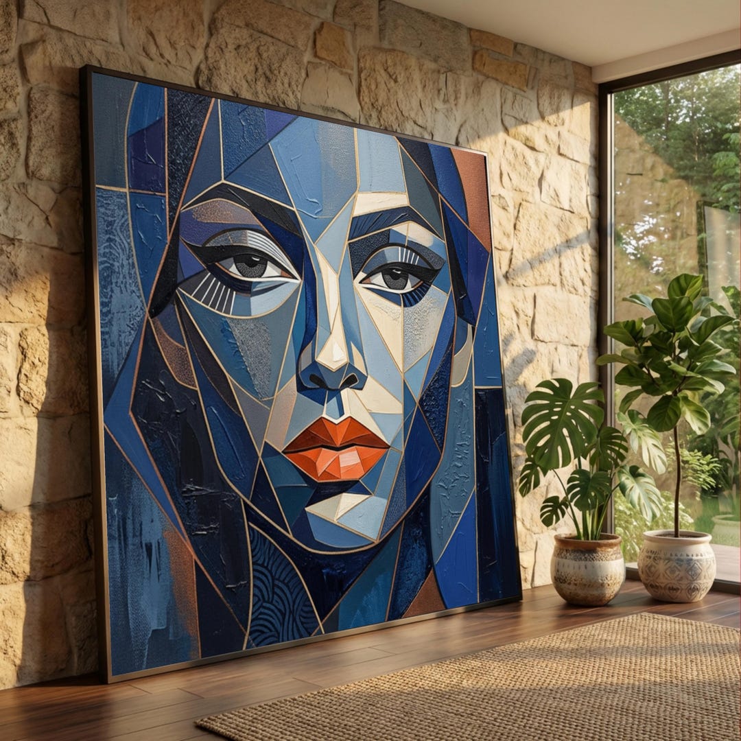 Modern Geometric Woman Portrait Canvas, Abstract Blue Face Wall Art ...
