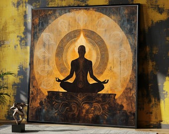 Meditating Silhouette with Glowing Mandala, Spiritual Canvas Wall Art, Yoga Pose Art, Zen Home Decor, Mindfulness Meditation Painting