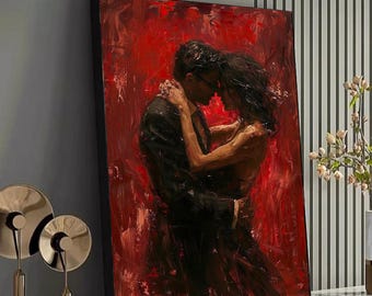 Romantic Embrace Canvas Wall Art, Lovers in Red Abstract Painting, Passionate Couple Art, Modern Love Statement Canvas, Home Decor Accent