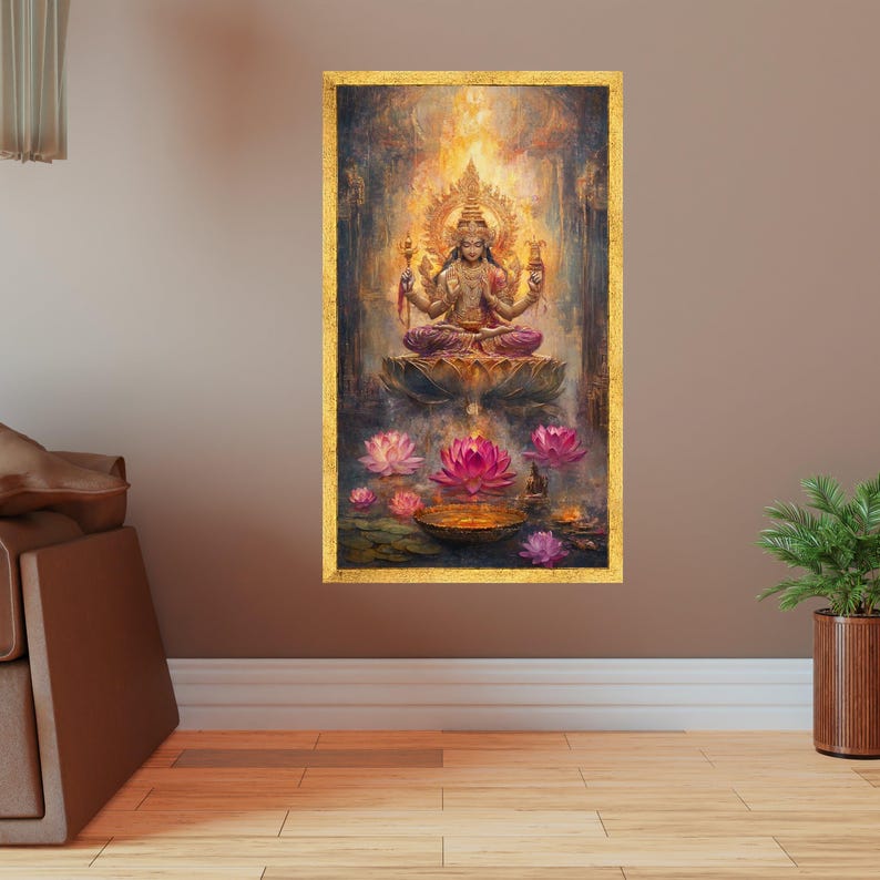 Radiant Hindu Goddess Canvas Wall Art, Lakshmi Sitting on Lotus, Spiritual Divine Painting, Meditation Decor, Bohemian Sacred Art Print image 5