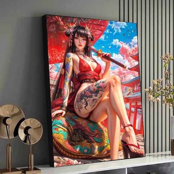 Japanese Geisha Warrior Canvas, Sakura Cherry Blossom Art, Tattooed Woman with Katana, Red Kimono Wall Decor, Asian Canvas Art