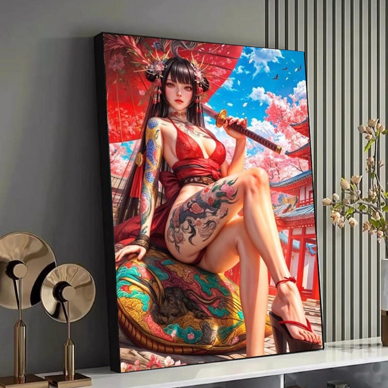 Lienzo de guerrera geisha japonesa, arte de flor de cerezo Sakura, mujer tatuada con katana, decoración de pared con kimono rojo, arte asiático en lienzo imagen 1