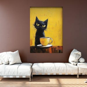 Gatto nero con tazza da caffè gialla su tela, stravagante opera d'arte murale, dipinto moderno di gatti, tela astratta di animali, accogliente arredamento per la casa, pronta da appendere immagine 2