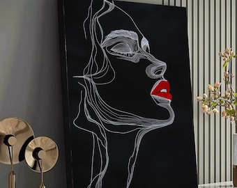 Retrato de perfil con labios rojos, arte mural en lienzo, retrato femenino minimalista, fondo negro contemporáneo, elegante decoración del hogar.