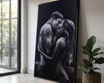 Canvastavla "Romantiskt par omfamnar", Intim kyss-målning, Svartvit konst, Sensuell väggdekoration, Modern kärlekscanvas, Väggkonst för sovrum