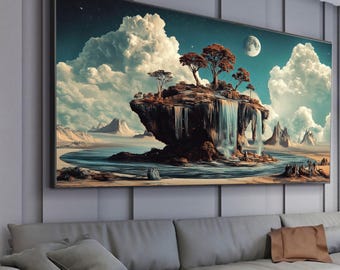 Surreal Floating Island Canvas Wall Art, Waterfall Landscape, Fantasy Nature Scene, Moonlit Sky Canvas, Mystical Home Decor